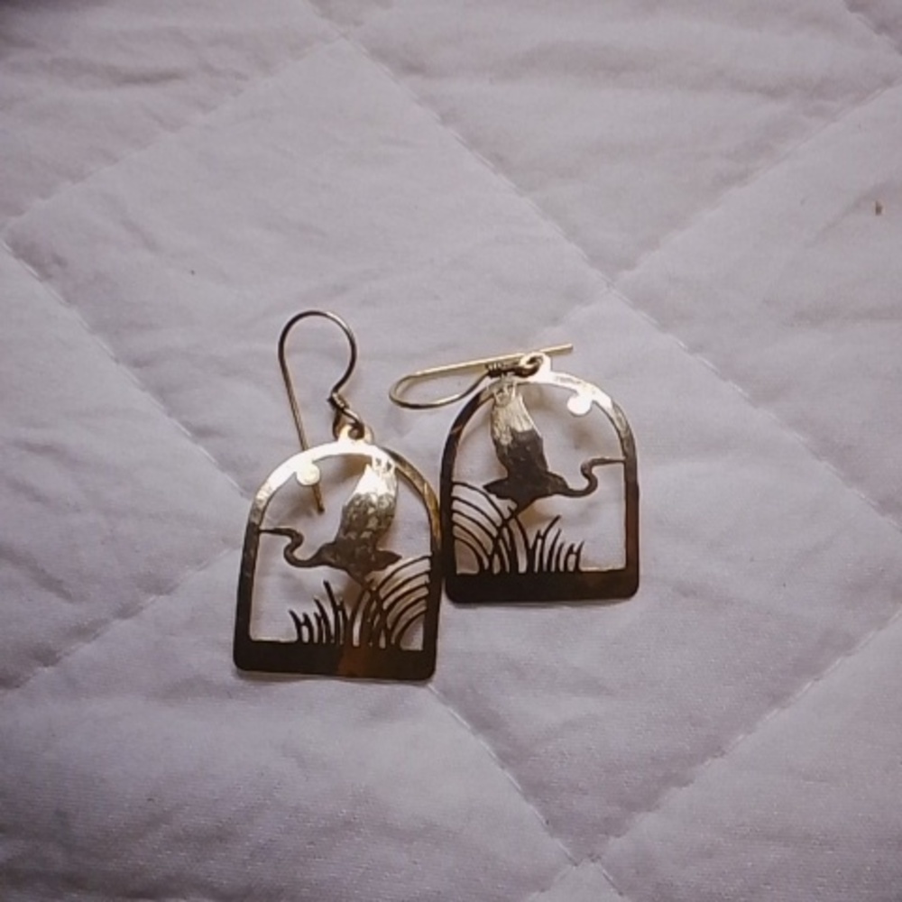Vintage Crane Heron Gold Hammered Earrings